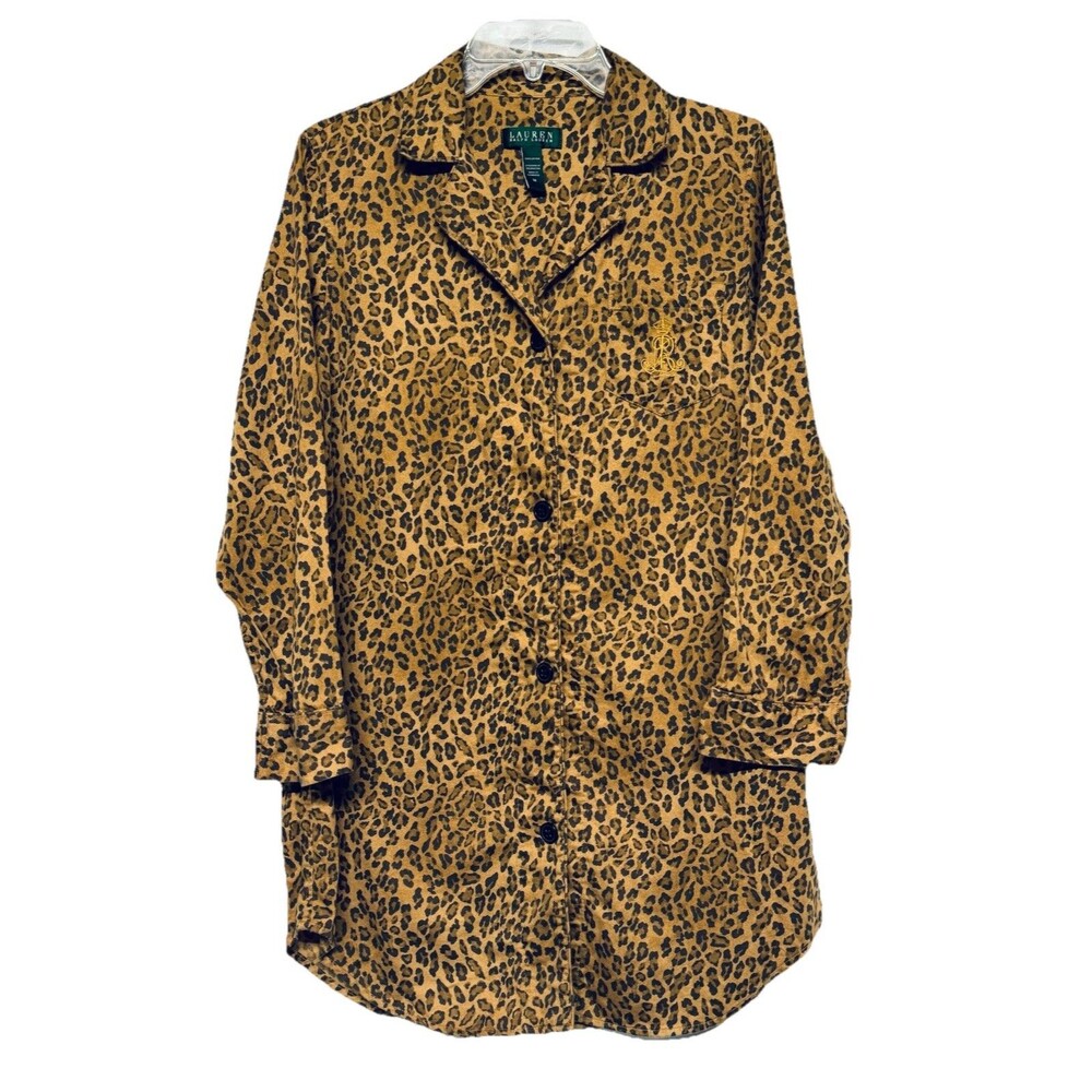 LAUREN Ralph Lauren Women’s M Animal Print Sleep Shirt Leopard Nightgown Button